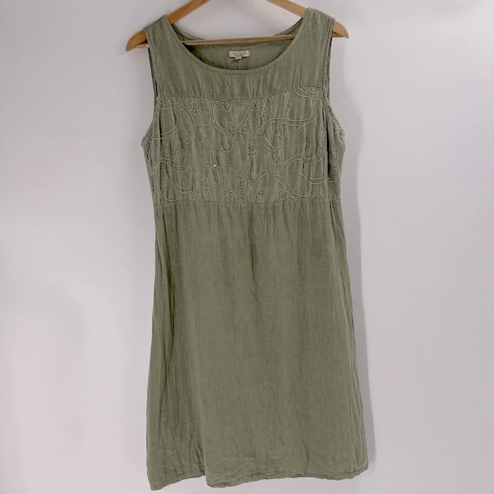 Lana Tomei Linen dress made in Italy sleeveless embroidered sage green classic